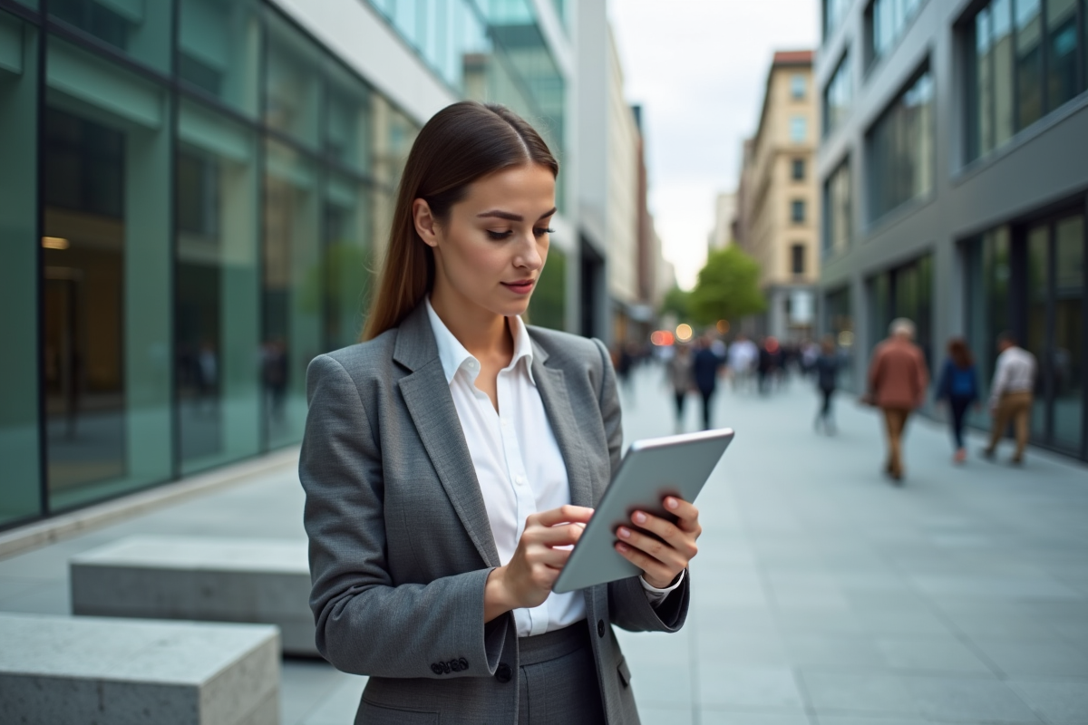 Femme utilisant une tablette pour suivre la bourse en extérieur