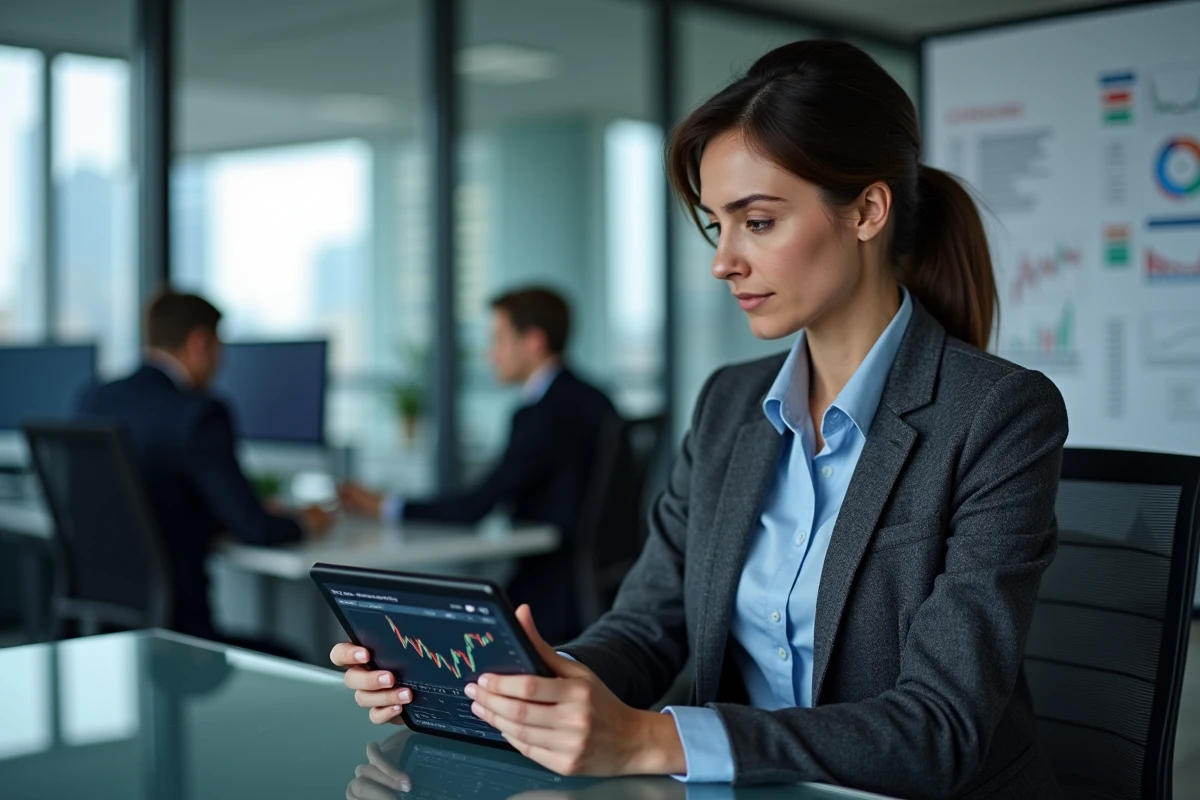 Femme professionnelle consultant une stratégie de trading court terme sur ArcelorMittal via une tablette en open space