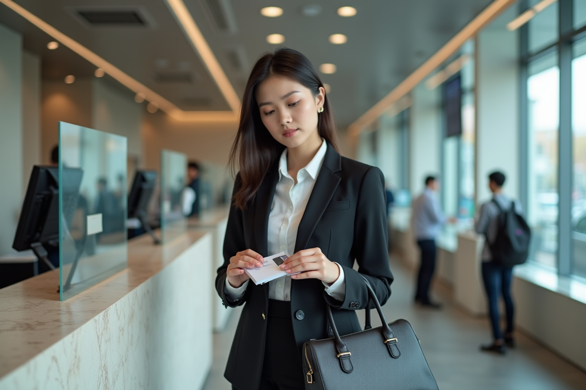Jeune femme en banque remet sa carte et ses reçus