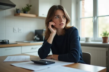 Jeune femme concentr&eacute;e &agrave; son bureau avec papiers et calculatrice