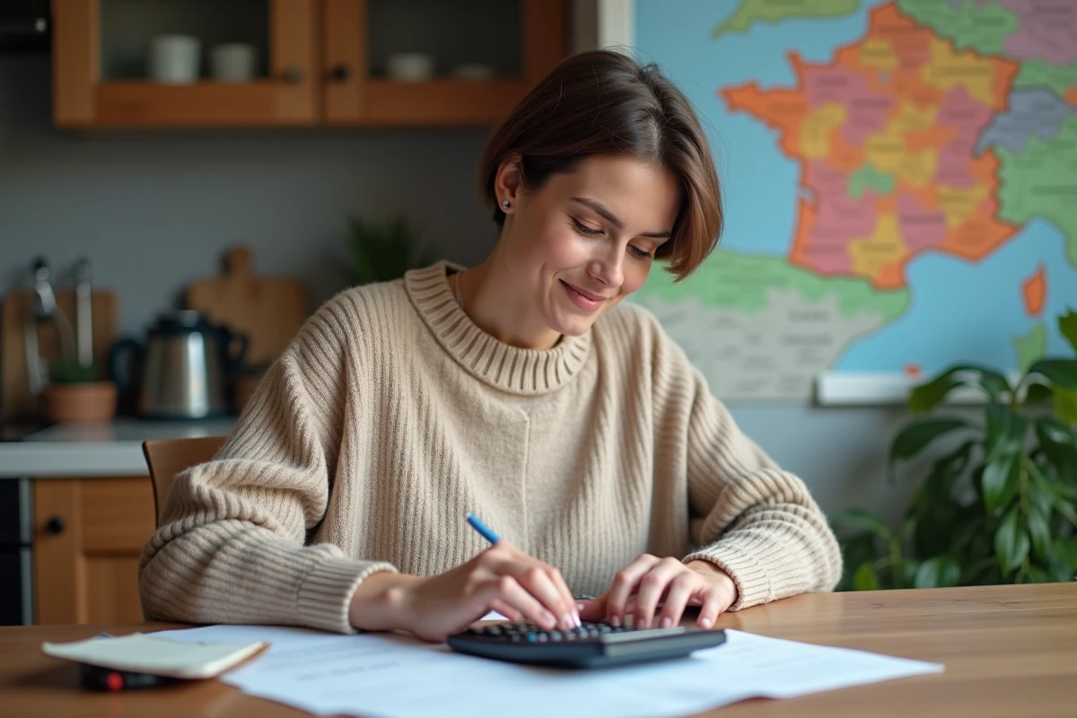 Femme fran&ccedil;aise &agrave; la maison utilisant un calculateur et papier