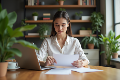 Femme d'affaires travaillant à la maison avec documents et ordinateur