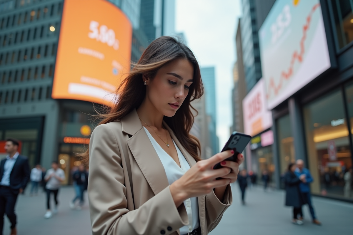 Jeune femme vérifiant la valeur Bitcoin sur son smartphone en ville