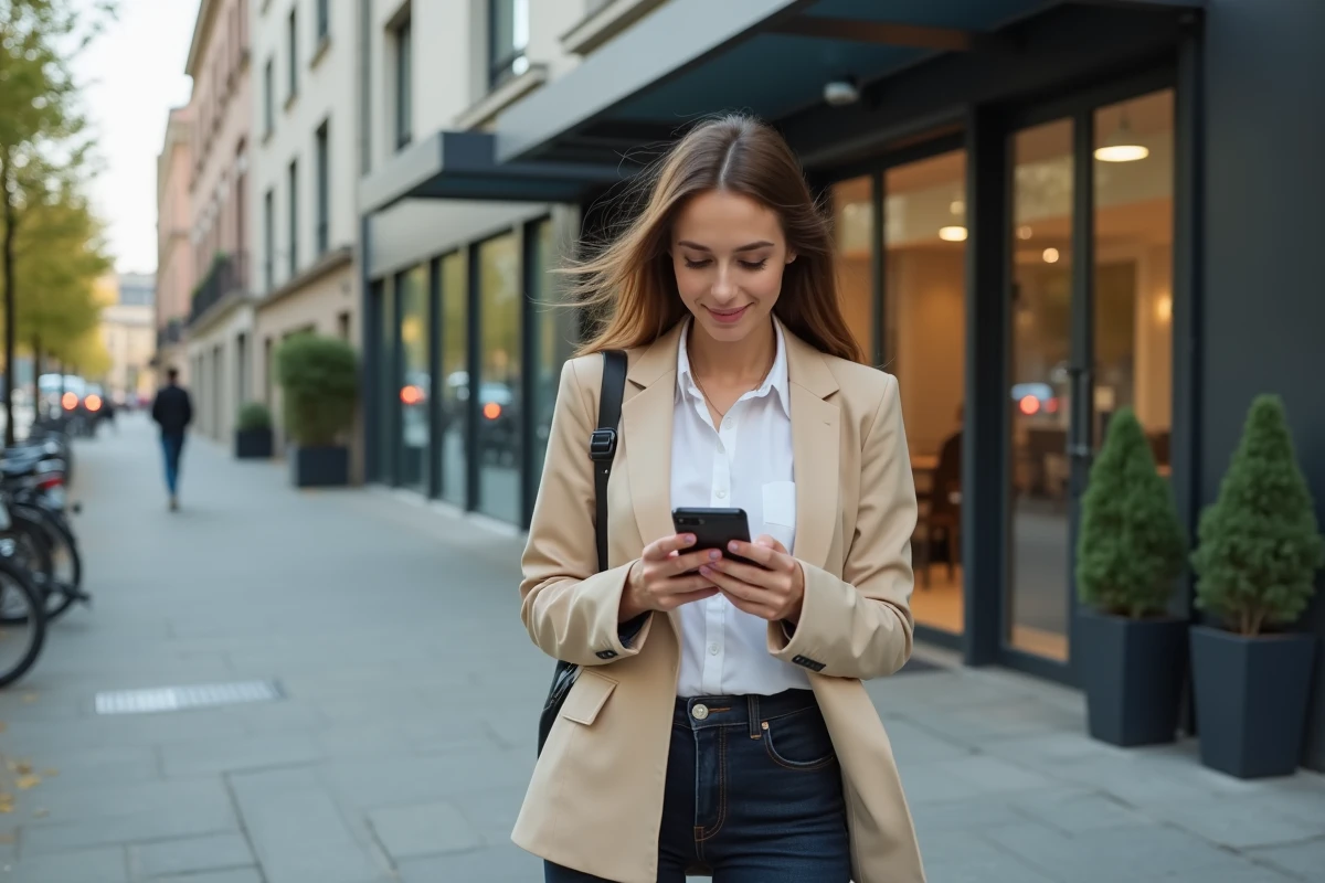 Jeune femme urbaine v&eacute;rifiant son smartphone devant un b&acirc;timent
