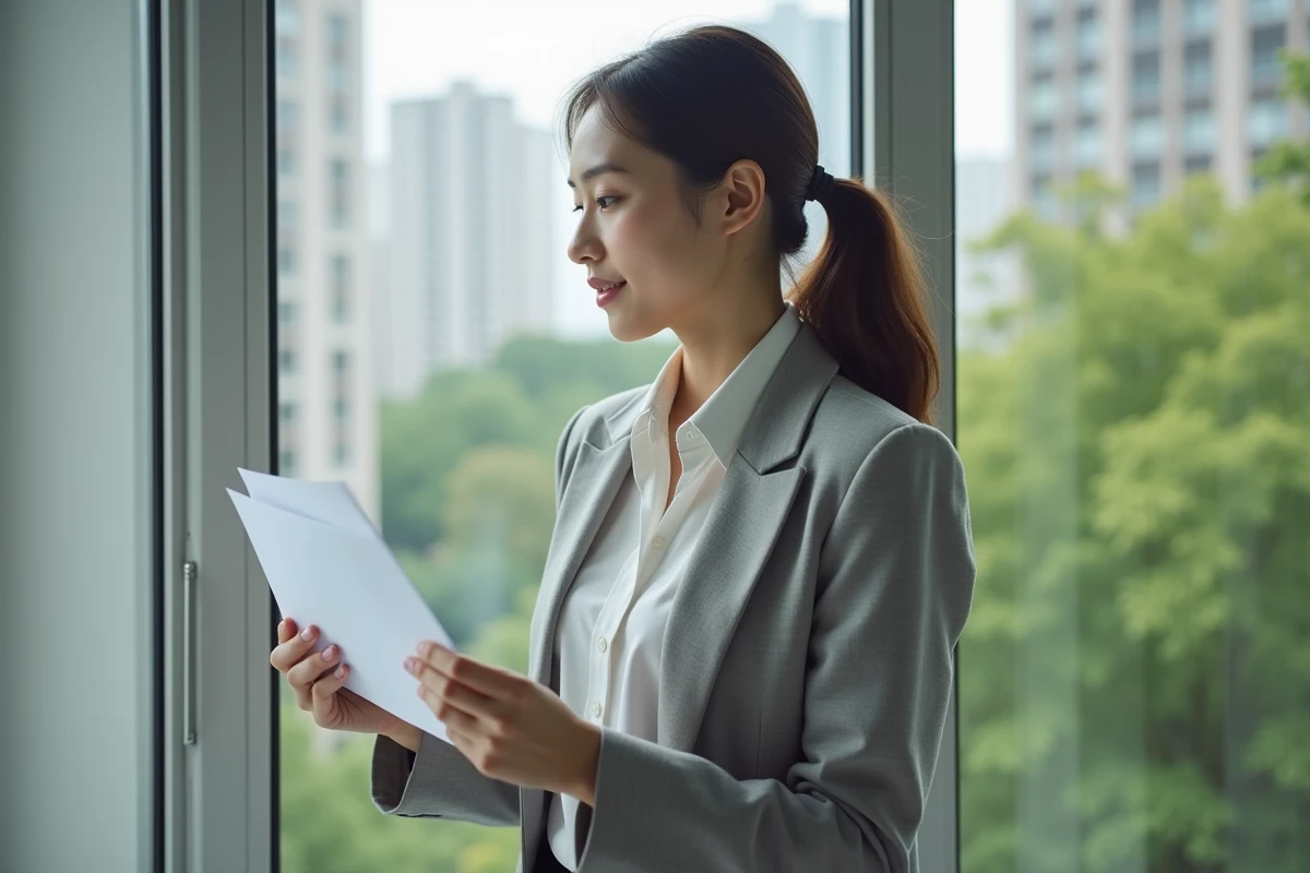 Jeune femme comparant deux lettres pr&egrave;s de la fen&ecirc;tre urbaine