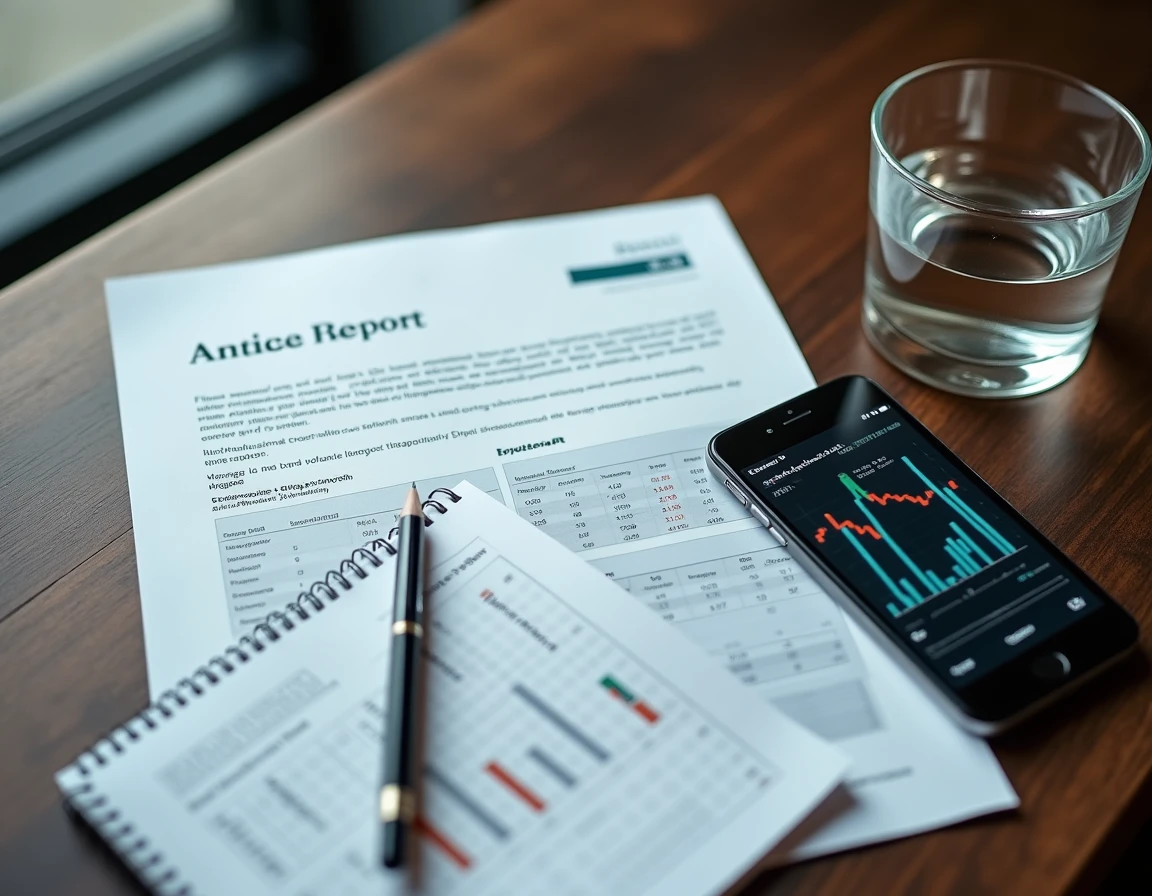 Vue aérienne d'un bureau avec rapport annuel, notes manuscrites et graphique de dividendes d'une action énergétique