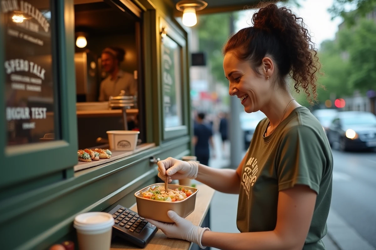 Gérante de food truck remettant une commande à un client avec un terminal de paiement sécurisé sur le comptoir de service