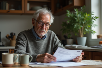 Homme freelance de 50 ans regardant des documents de retraite