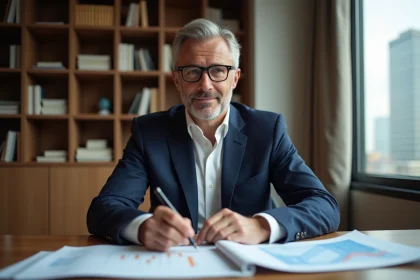 Gestionnaire de fortune analysant des documents financiers dans un bureau haut de gamme