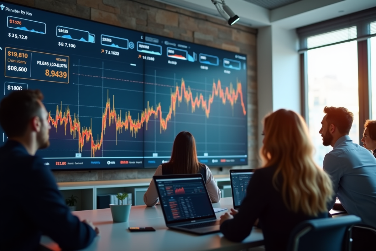 Groupe de professionnels regardant un écran avec fluctuations de cryptomonnaies