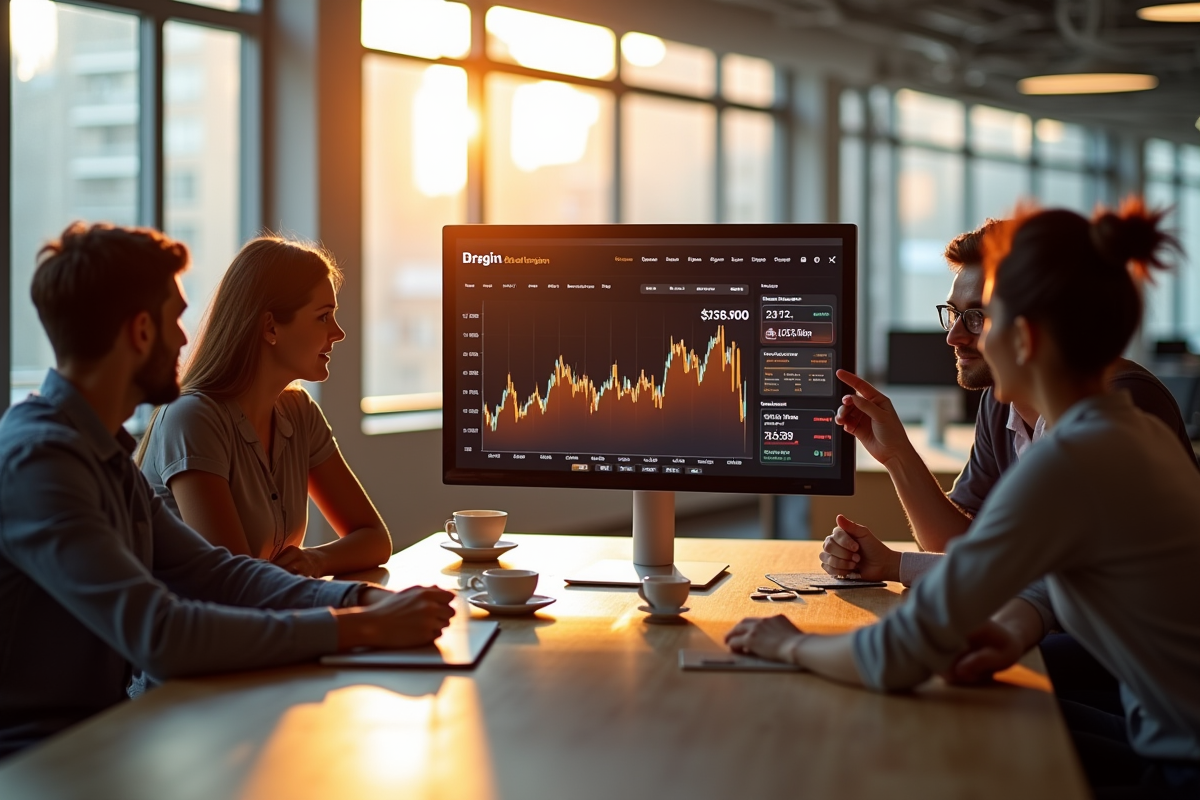 Jeunes autour d un moniteur avec graphique Bitcoin en lumière naturelle