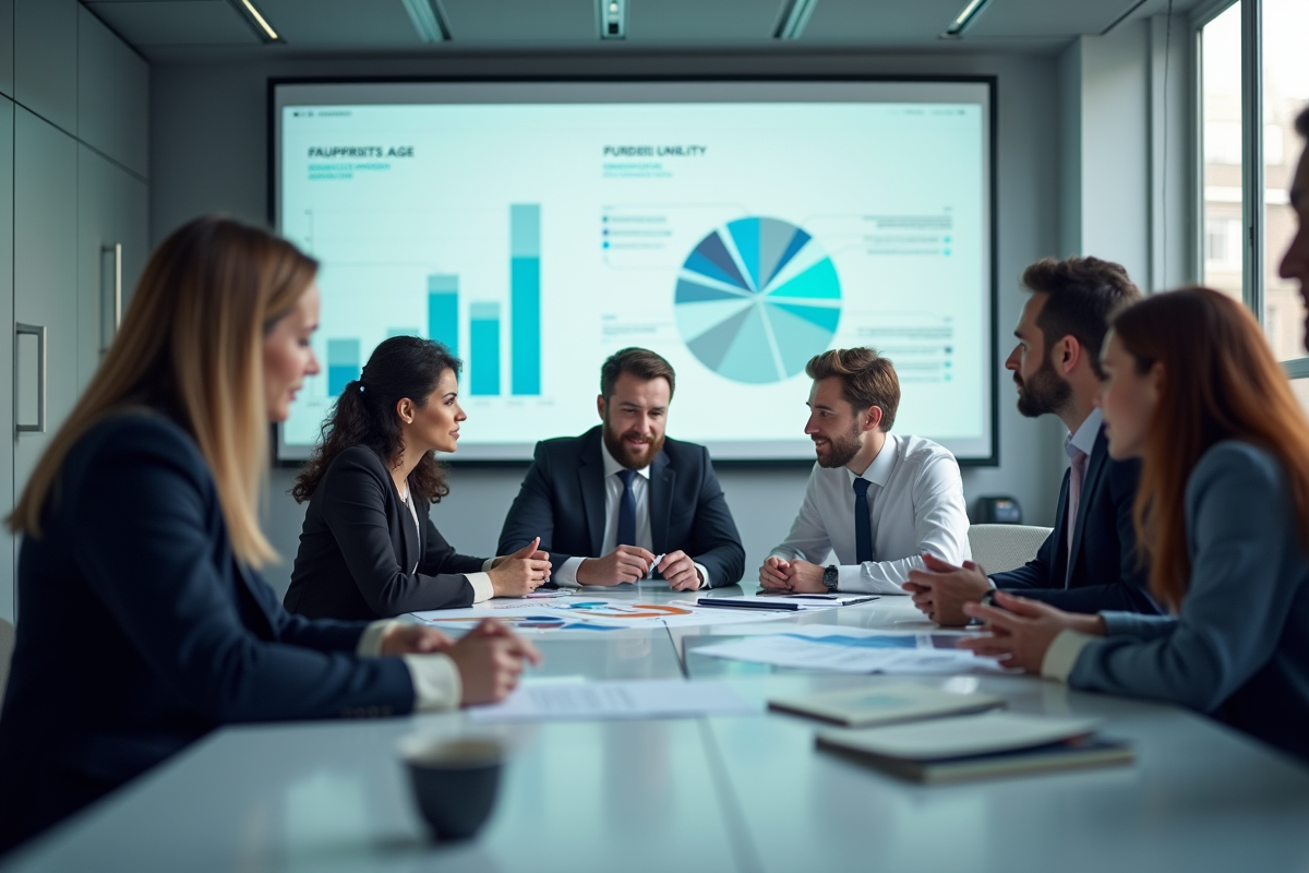 Groupe de personnes analysant des graphiques financiers en réunion