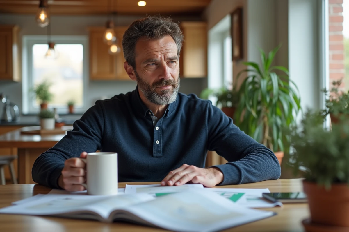 Homme pensif avec documents immobiliers dans une maison lumineuse