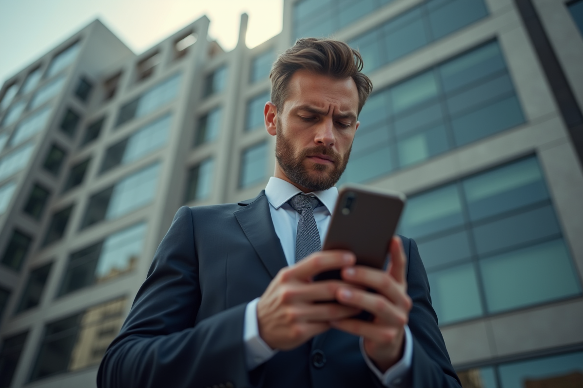 Homme d affaires inquiet devant une grande banque ensoleillee