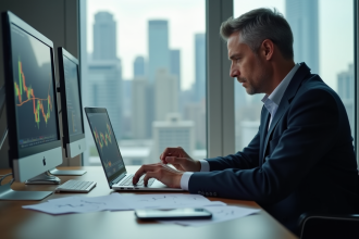 Homme d'affaires étudiant des graphiques financiers sur son ordinateur