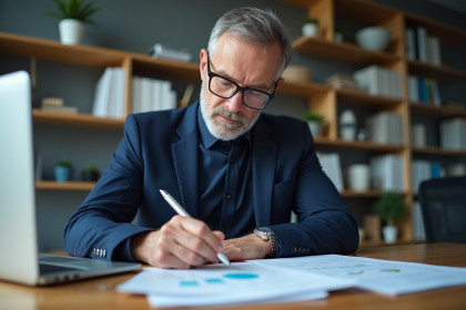 Homme d'affaires en costume analysant des feuilles de calcul financi&egrave;res
