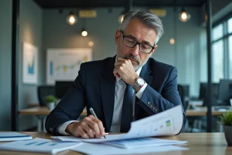 Homme d'affaires en réunion analysant des documents financiers