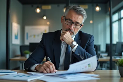 Homme d'affaires en r&eacute;union analysant des documents financiers