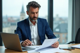 Homme d'affaires français en costume bleu dans un bureau lumineux