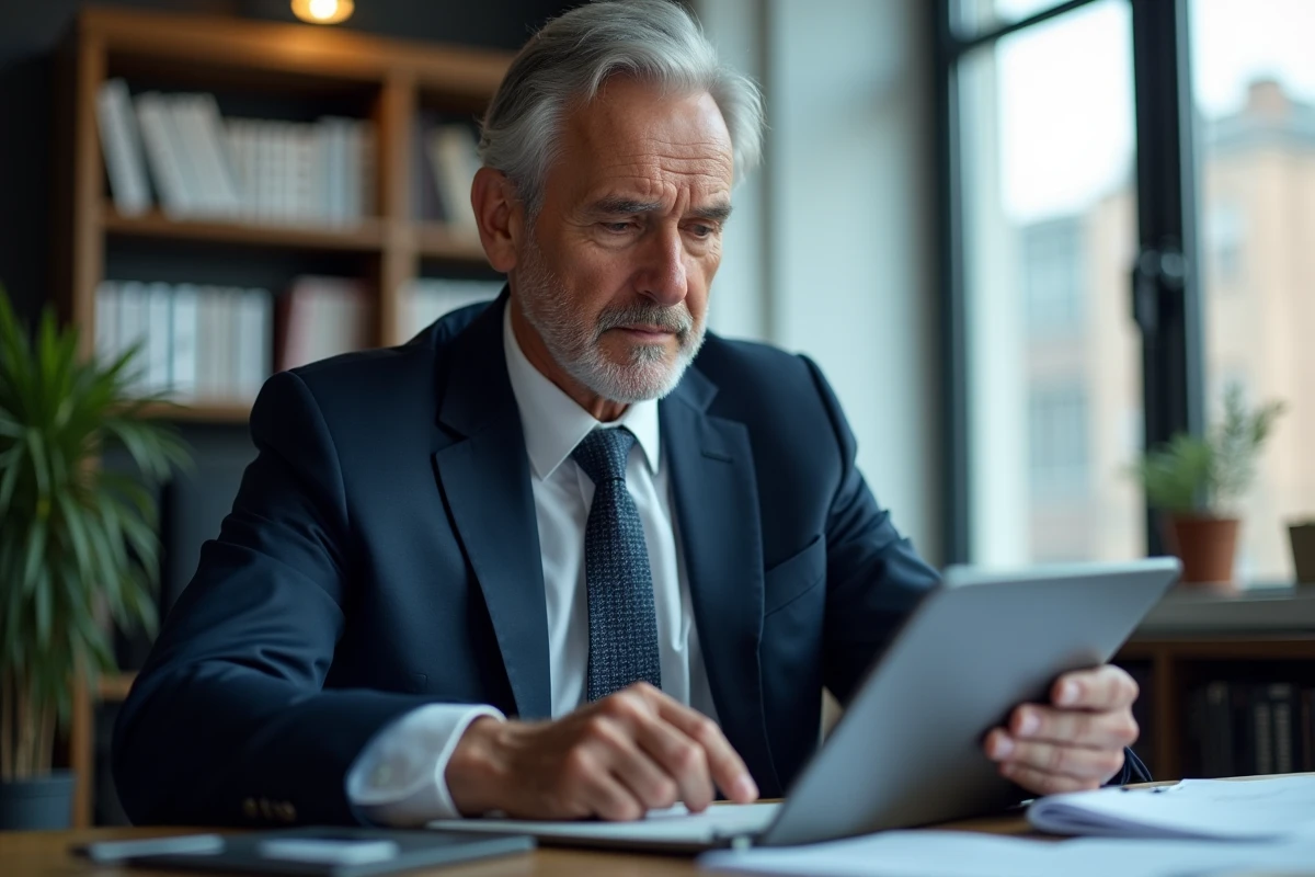 Homme d'affaires en costume bleu regarde une tablette dans un bureau