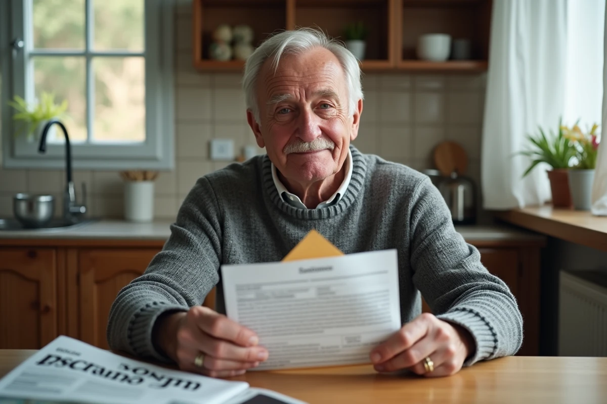 Homme âgé découvrant le montant de son assurance vie à l'ouverture d'un courrier dans sa cuisine