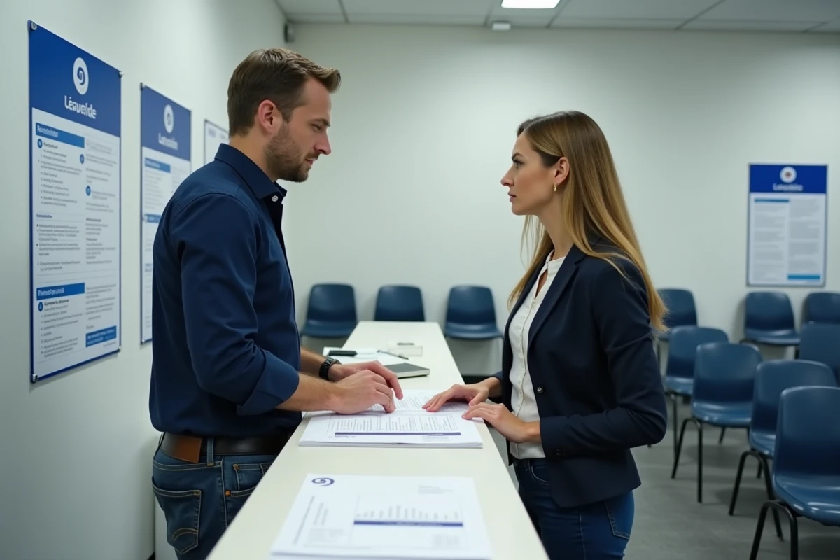 Homme consultant un conseiller dans une agence administrative française pour se renseigner sur la prime d'activité