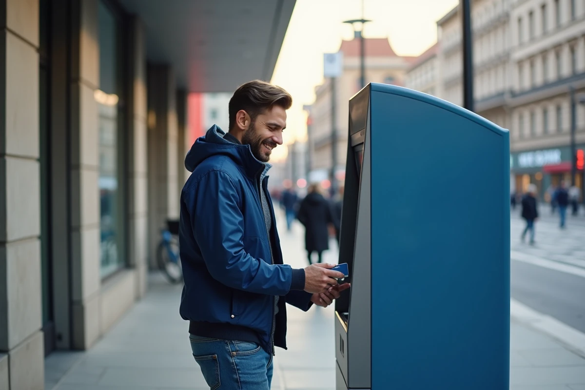 Homme d age moyen utilisant un distributeur en ville