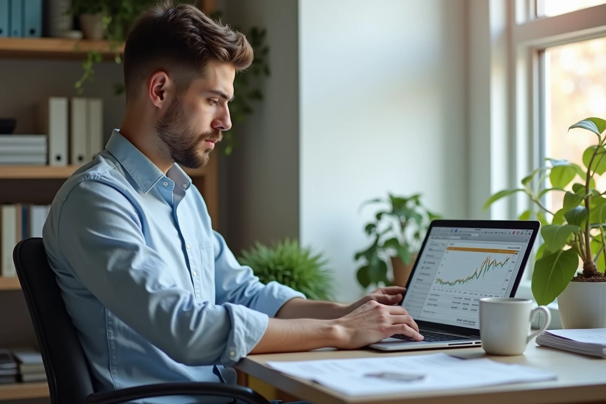 Jeune homme vérifiant son budget sur un ordinateur portable dans un bureau