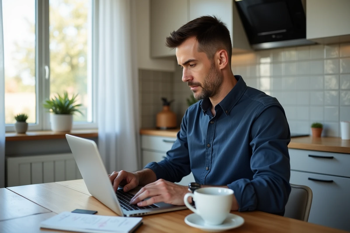 Homme utilisant un calculateur de salaire en ligne à domicile pour convertir 2200 euros brut en net pour un CDI en 2026