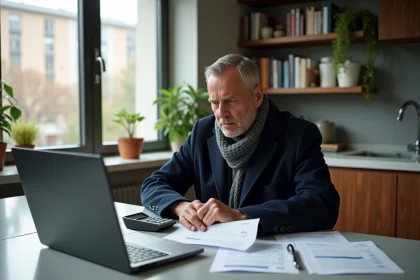 Homme d'&acirc;ge moyen en manteau regardant ses papiers