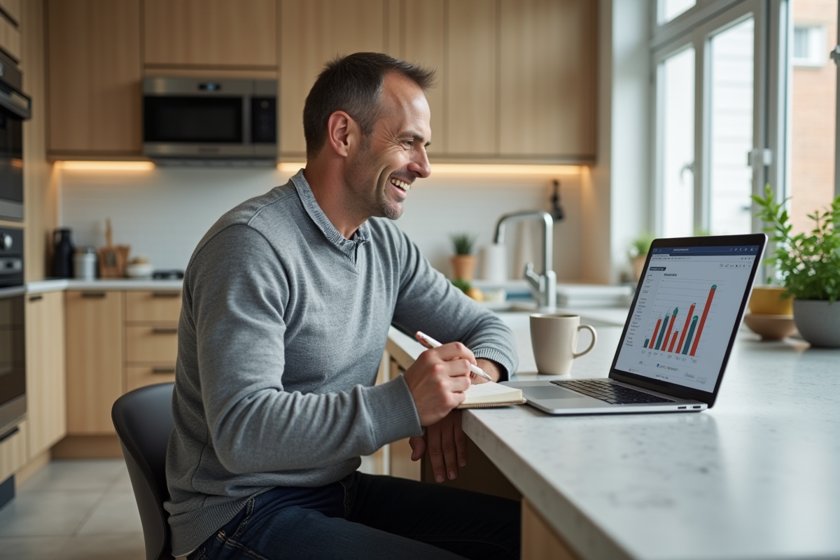 Homme analysant un graphique dans une cuisine lumineuse