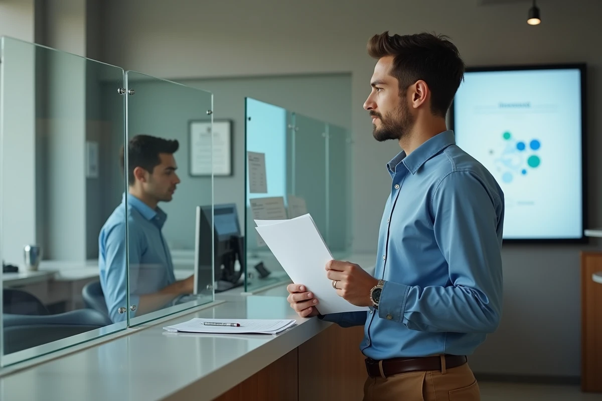 Jeune homme au comptoir de banque avec documents en main