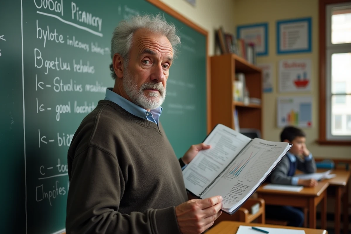 Homme v&eacute;rifiant un planificateur de budget en classe