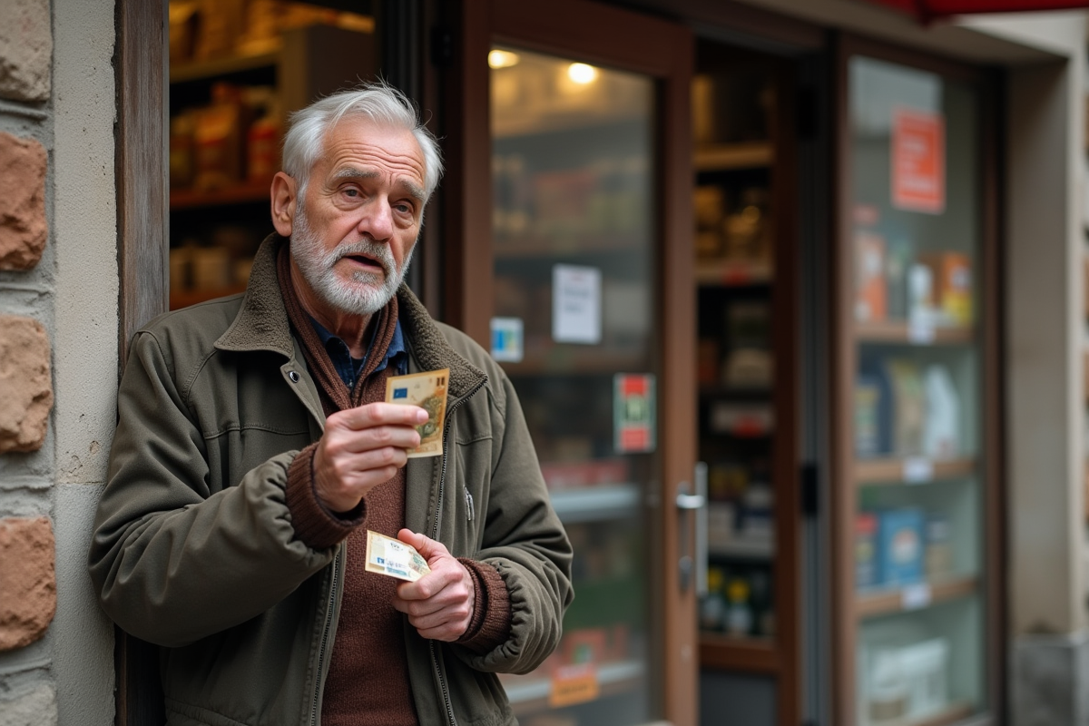 Homme âgé tenant un billet devant une épicerie