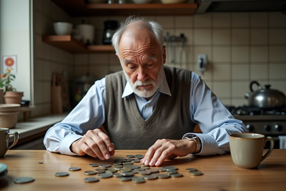 Homme français examine des monnaies anciennes et modernes