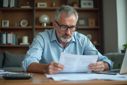 Homme d'&acirc;ge moyen examinant des documents fiscaux &agrave; la maison