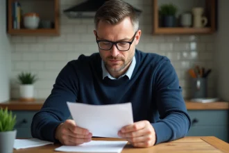 Homme de 40 ans lisant une lettre dans la cuisine