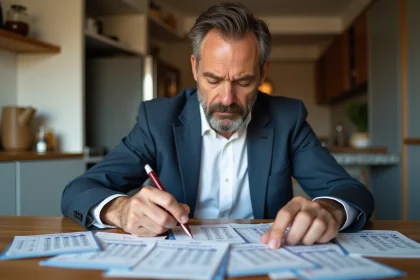 Homme d'&acirc;ge moyen examine tickets Euromillions dans une cuisine