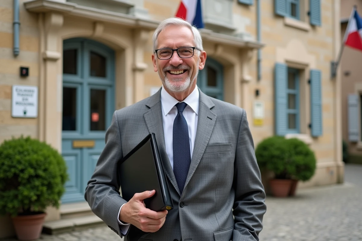 Homme souriant devant une mairie de petite ville