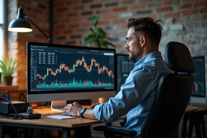 Homme en tenue de travail contemplant un écran de minage Bitcoin