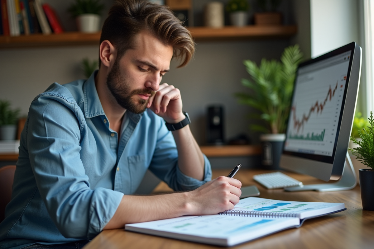 Homme en train d'étudier un cahier d'investissement à la maison