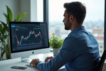 Homme concentré sur son ordinateur avec graphiques Ethereum