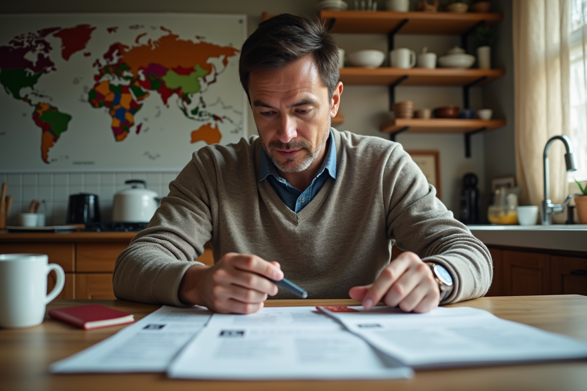 Homme détendu vérifiant passeports et formulaires à la maison