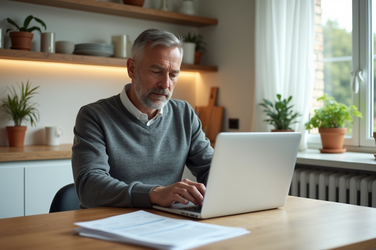 Homme à la maison remplissant un formulaire de remboursement