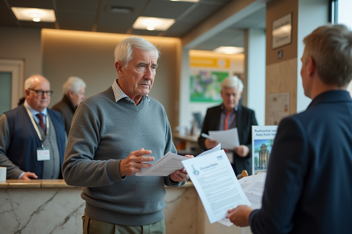 Homme retraité parle avec un conseiller bancaire en agence