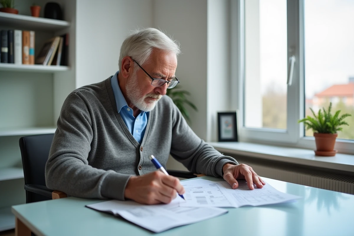 Homme retraité consulte un relevé de pension à son bureau