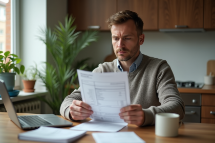 Homme d'âge moyen examine son relevé bancaire dans une cuisine