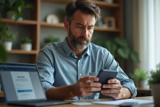 Homme d'âge moyen dans un bureau moderne consulte son smartphone