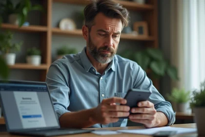 Homme d'&acirc;ge moyen dans un bureau moderne consulte son smartphone