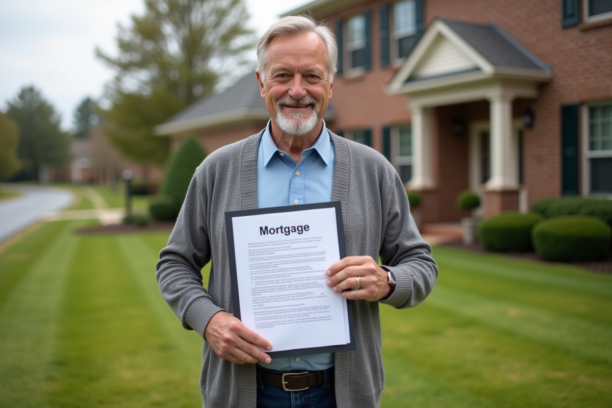 Homme souriant tenant un dossier de prêt immobilier devant sa maison